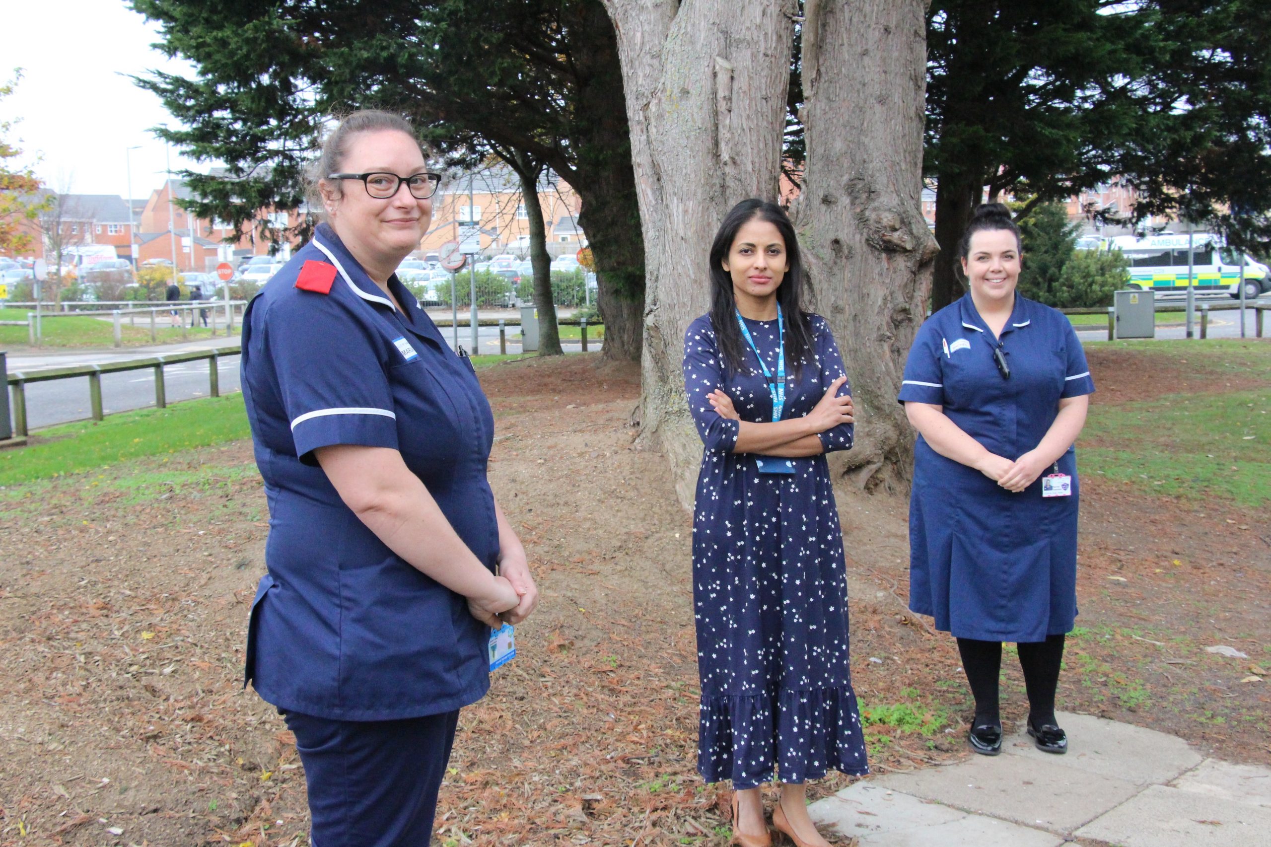 Maria Lawson, Vandana Jeebun and Rachel Teasdale stand outside the University Hospital of North Tees.