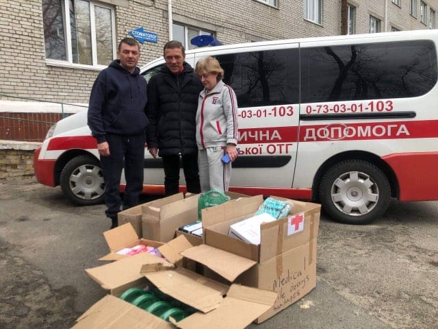 Drivers in Ukraine delivering the goods to a local hospital.