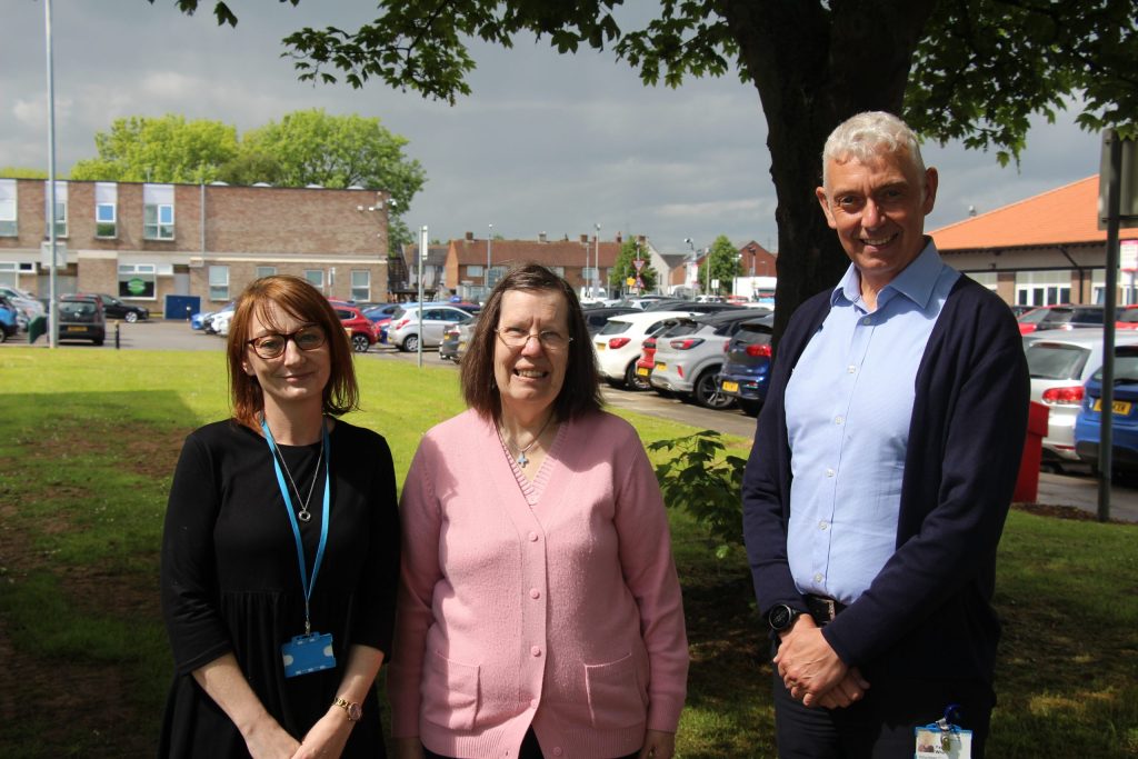Val Tait with volunteer coordinators Paul Wharton and Nicola Pitchers.
