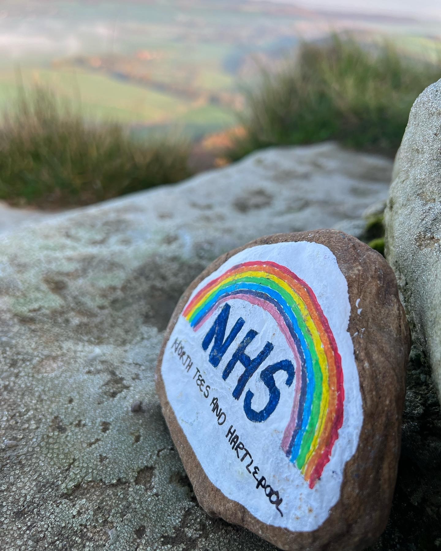 A rock painted white. There is a rainbow painted on it. Underneath it reads: "NHS North Tees and Hartlepool."