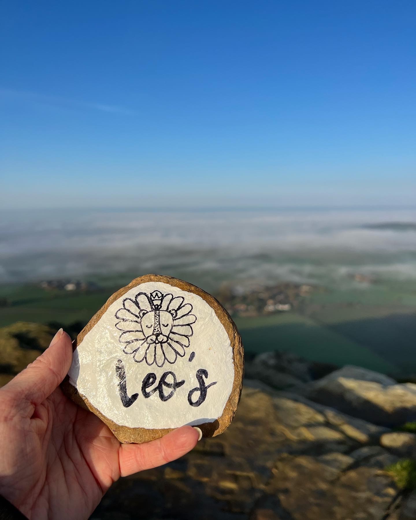 A rock painted white. A lion is painted on it and underneath it reads "Leo's".