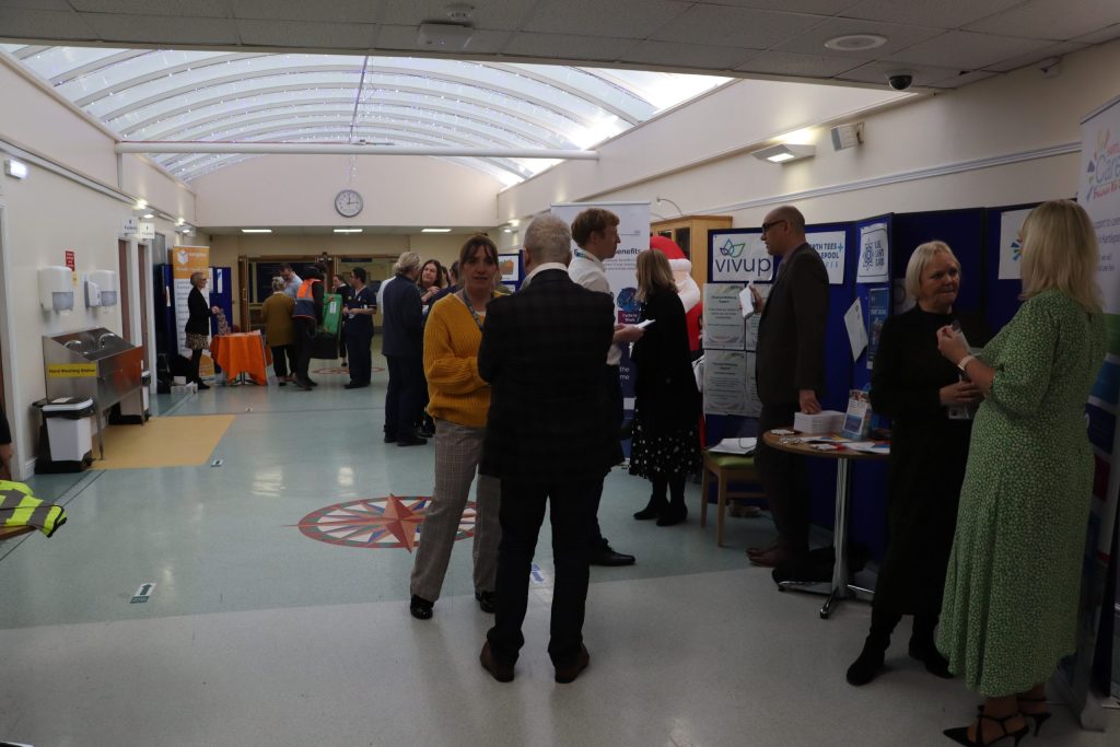 Stalls in the lobby of the University Hospital of Hartlepool.