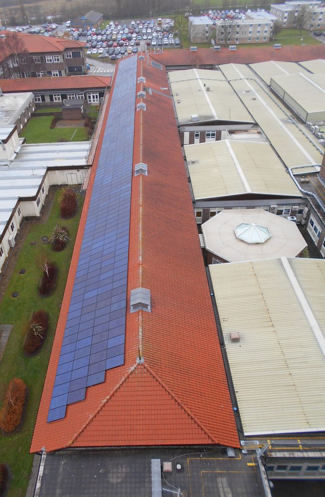 Solar panels on a building at the University Hospital of North Tees.
