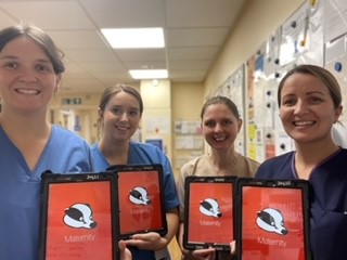 Staff at Hartlepool with their Badger tablets. (Digital Midwife Laura Stephenson pictured on the far right) 