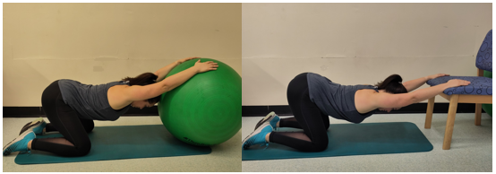 a back stretch on a chair and exercise ball.