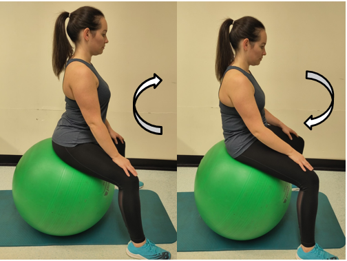 sitting on an exercise ball, with hips higher than knees, or level and tilting forwards and backwards.