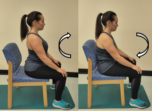 sitting on a chair with hips higher than knees, and tilting pelvis forward and back.