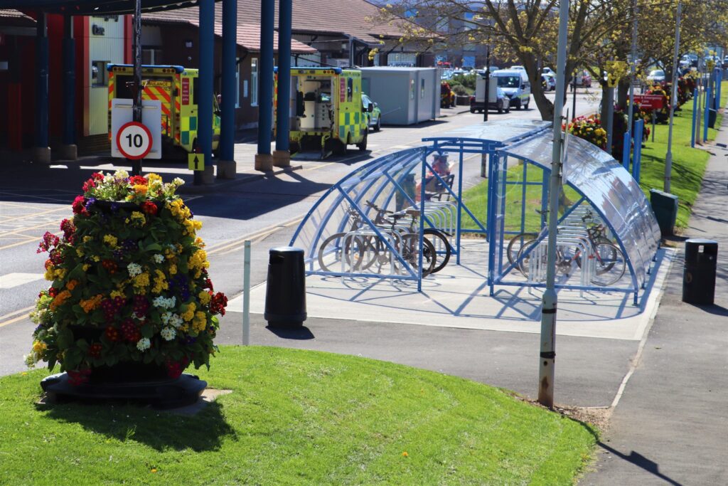 Bicycle shelter outside the University Hospital of North Tees.