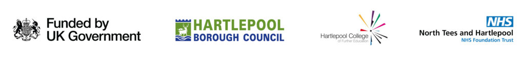 Academy logos (Left to right) Funded by UK Government logo, Hartlepool Borough Council logo, Hartlepool College of Further Education Logo, North Tees and Hartlepool NHS Foundation Trust logo.
