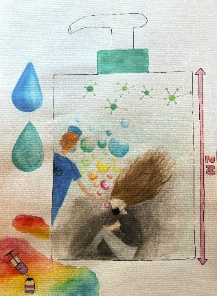 Cindy Hong's artwork depicts the struggles of the covid-19 pandemic, the struggle with mental health and the importance of hygiene.