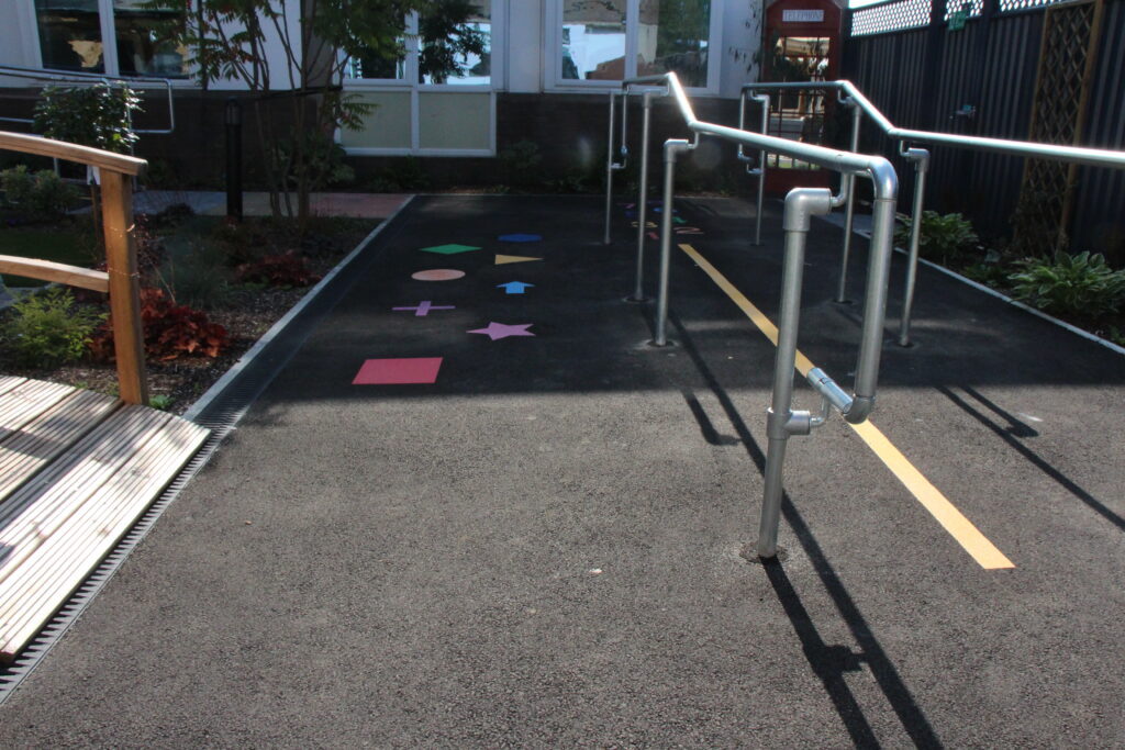 Handrails. Between the handrails is a line painted on the ground.
