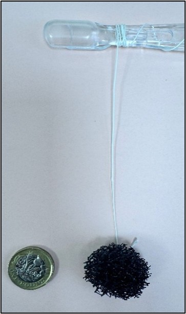 Picture of the sponge capsule with the sponge outside of the capsule.