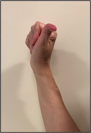 Step six of six. Close hands with thumb sticking out.