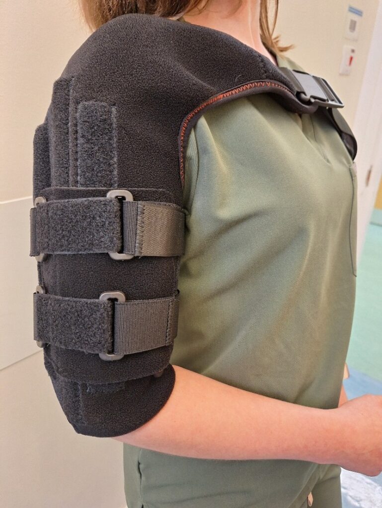 What the humeral brace looks like. It covers the upper arm and goes across the upper chest.