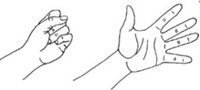 The hand making a fist and then opening the fingers wide.