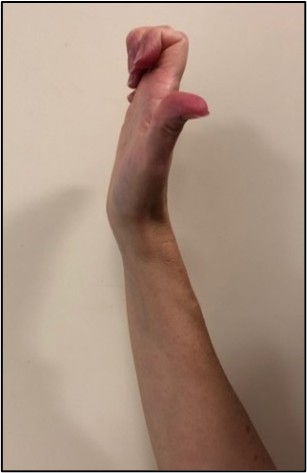 Step two of six. Palm wide open but with fingers curled in.