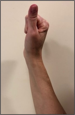 Step three of six. Close hands with thumb sticking out.