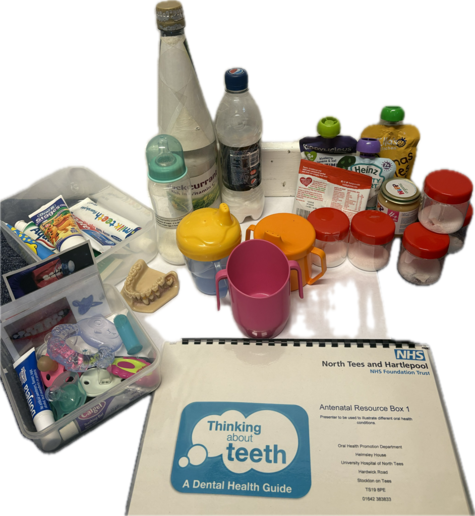 Example of resource items you will find in the antenatal dental resource box.