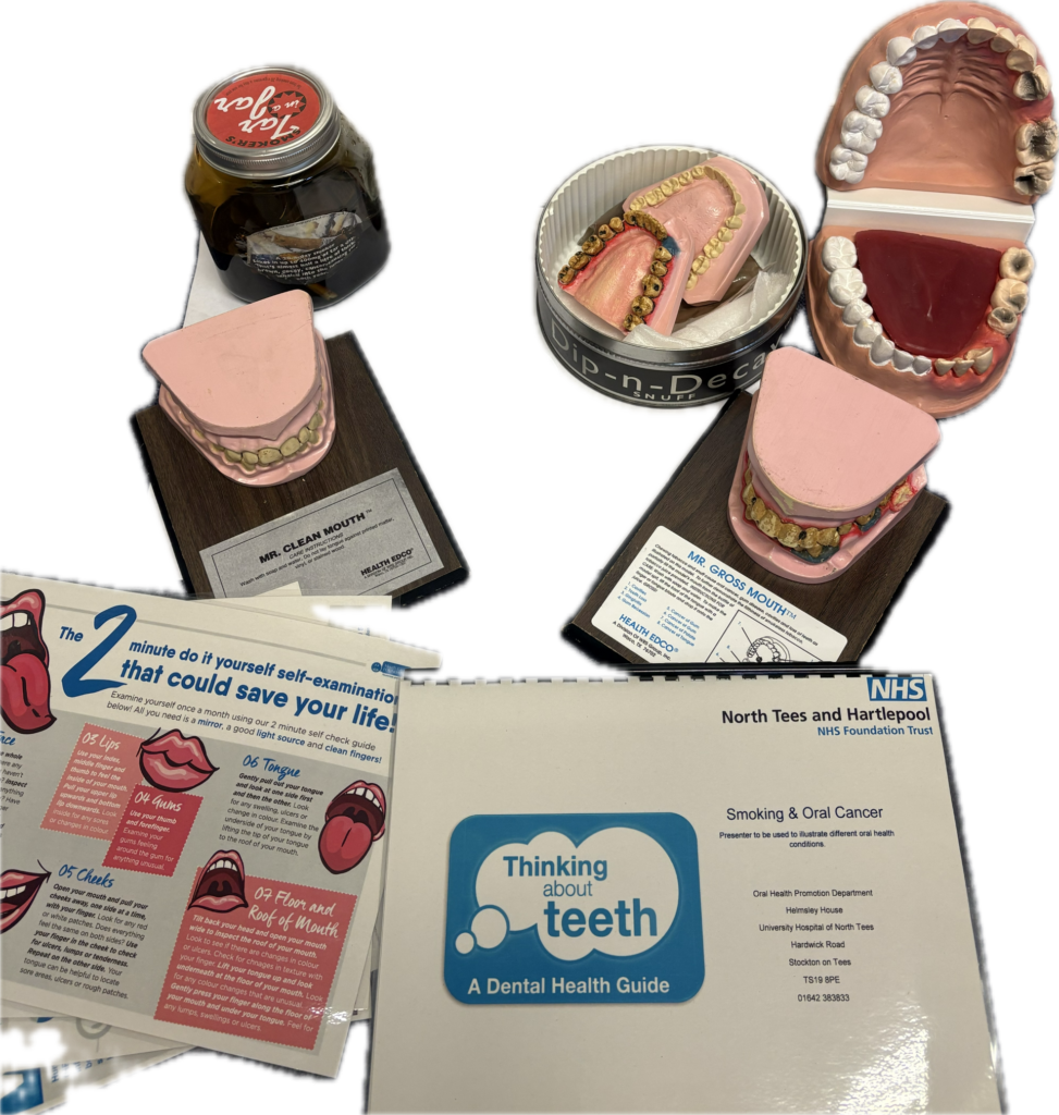Example of resource items you will find in the smoking and oral cancer dental resource box.