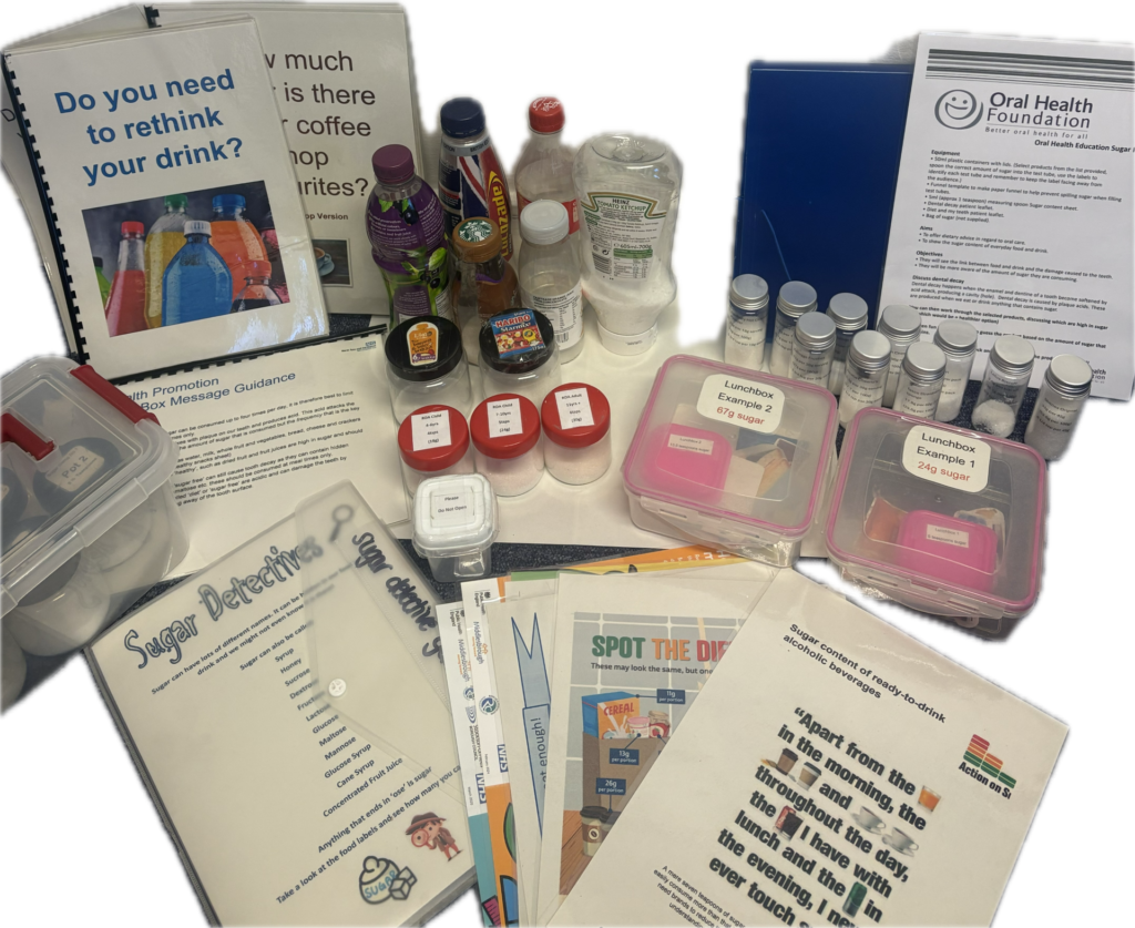 Example of resource items you will find in the sugar dental resource box.