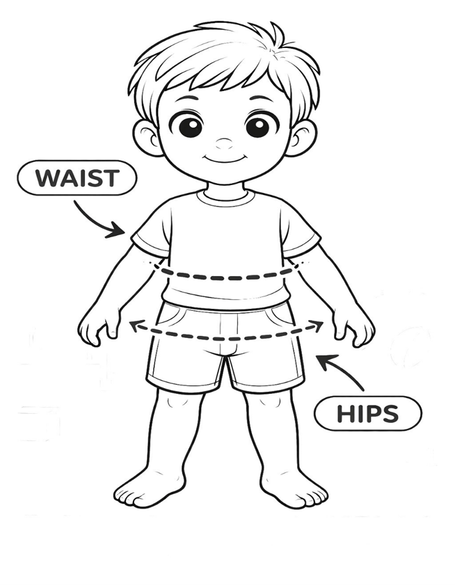 Image of a child showing where to measure around the waist and hips.