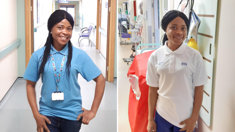 Rhema Godwin in her volunteer tshirt and then in her new uniform.