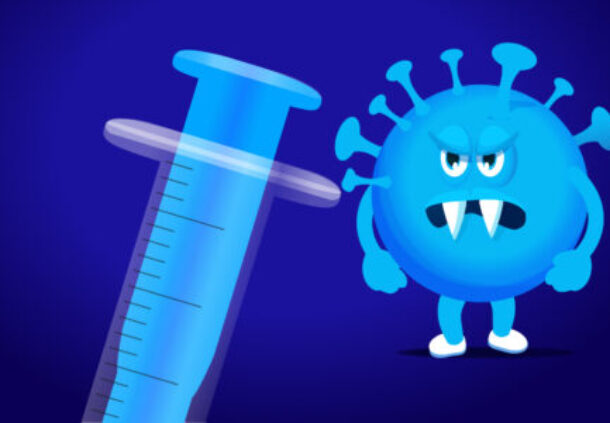 Flu bug looks angrily at the flu jab