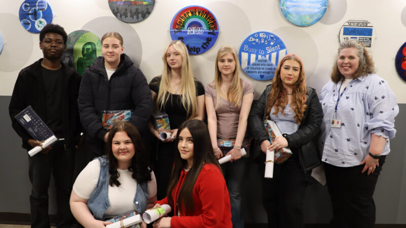 Stockton Sixth Form College students Divine Mesole, Maisy Thomas, Lily Kennedy, Emilia Vaughan, Lucinda Fox, Sophie Wilks, Daisy Bell with art teacher Clair Wilson.