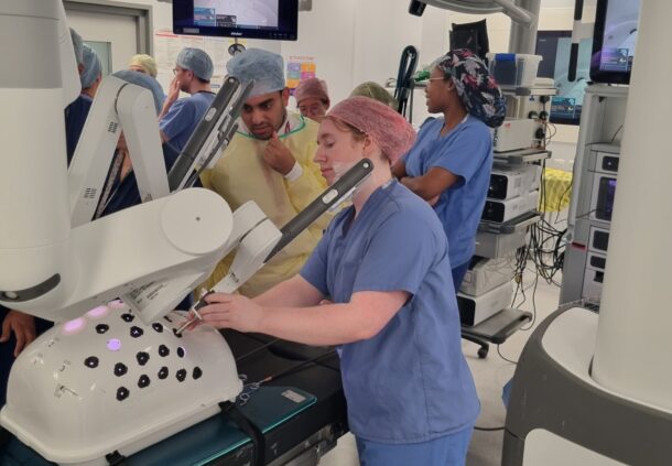 Doctors training on the robotic surgery machine