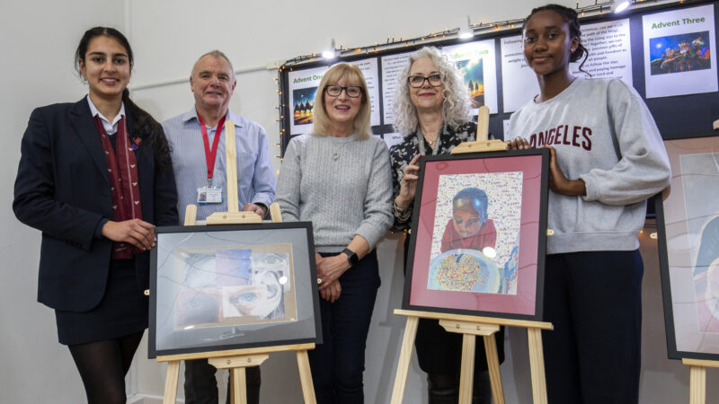 Yarm Students with ex-head of art Liz, and University Hospital Tees representatives Derek and Jean.