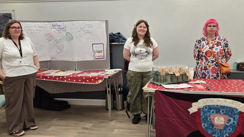 Miki, Freya and Jo set up for the public time for tea events