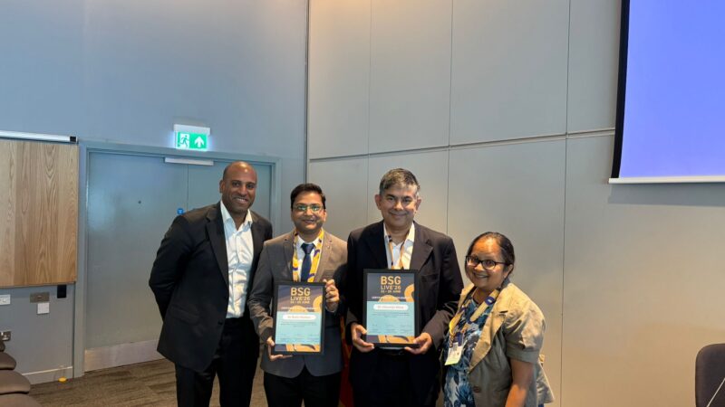 Gastroenterology team accepting their award for work on obstructive jaundice pathways.