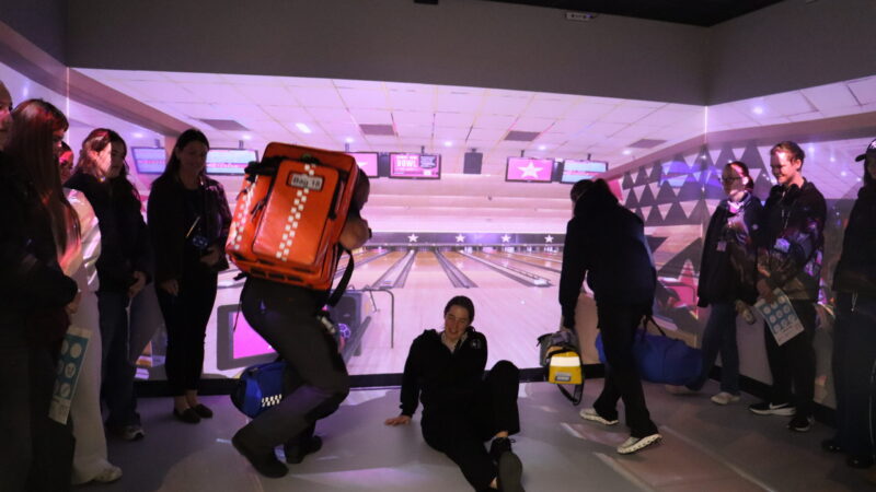 Students take part in an interactive bowling incident in the immersive suite at the Health and Social Care Academy in Hartlepool.