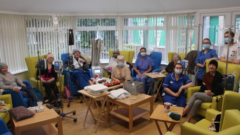 Wednesday Wonder Women receiving chemotherapy treatment: Alicia, Janice, Dee, Jean, Barbara and Amanda with staff from the chemotherapy day unit.