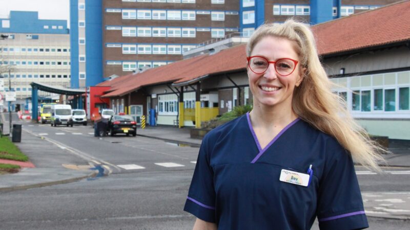Beverley Marwood standing outside the University Hospital of North Tees.