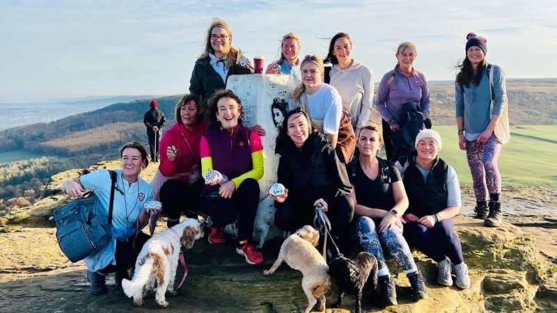 The group of walkers stand at the top of Roseberry Topping.