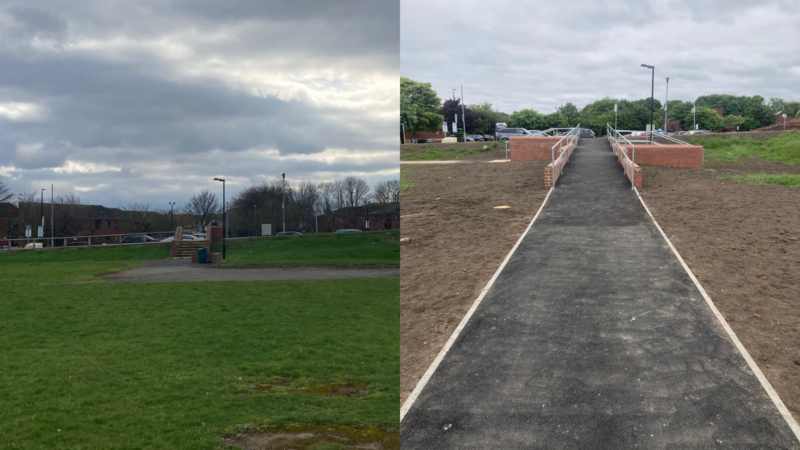 Before and after shots. After shot shows that stairs have been replaced with a ramp and paths have been extended.