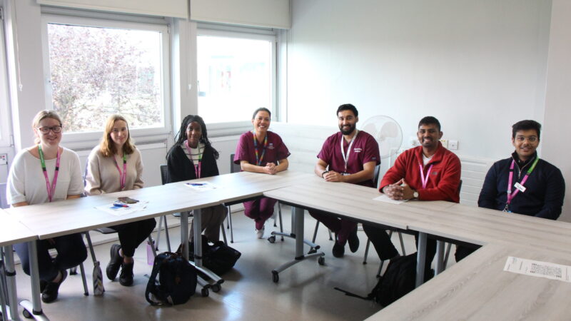 New University of Sunderland fifth year medical students with course leaders Andrea and Umar in education classroom