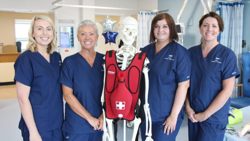 Clinical Educators Laura Dring, Karen Hampshire, Lisa Blom and Clare Palmer- skeleton is nicknamed Muriel
