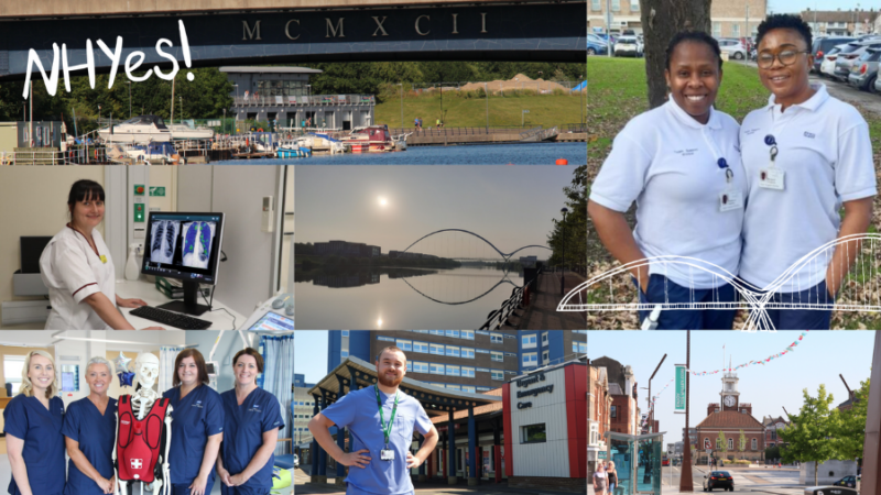 Collage of Stockton photos and NHS staff.