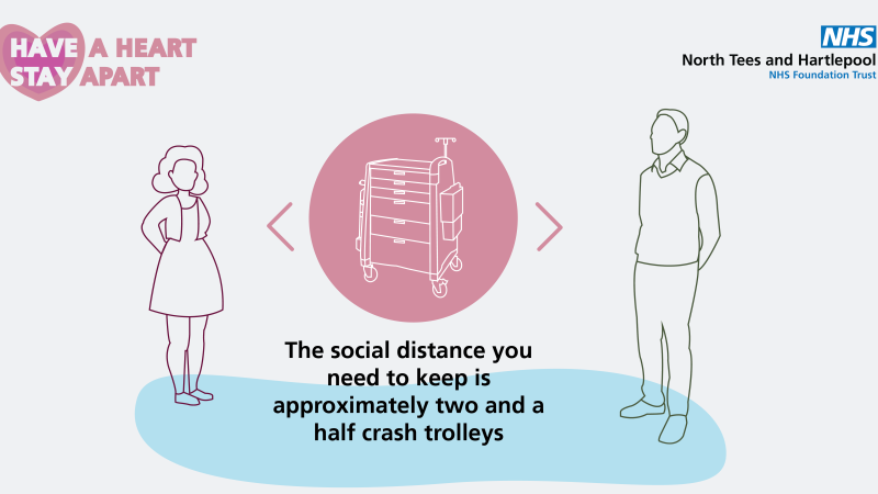 Social distancing campaign sign says: 'The social distance you need to keep is approximately two and a half crash trolleys'
