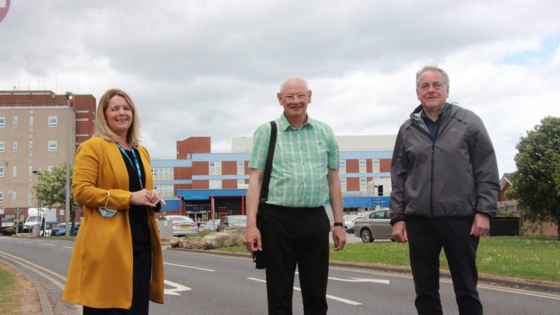 Fundraising coordinator Suzi Campbell and David Smith stood outside the University Hospital of Hartlepool.
