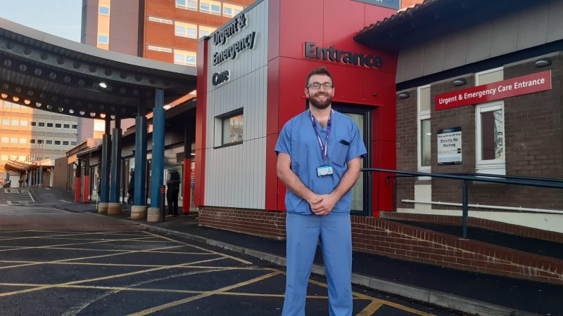James Tullie stands outside urgent and emergency care at North Tees hospital.