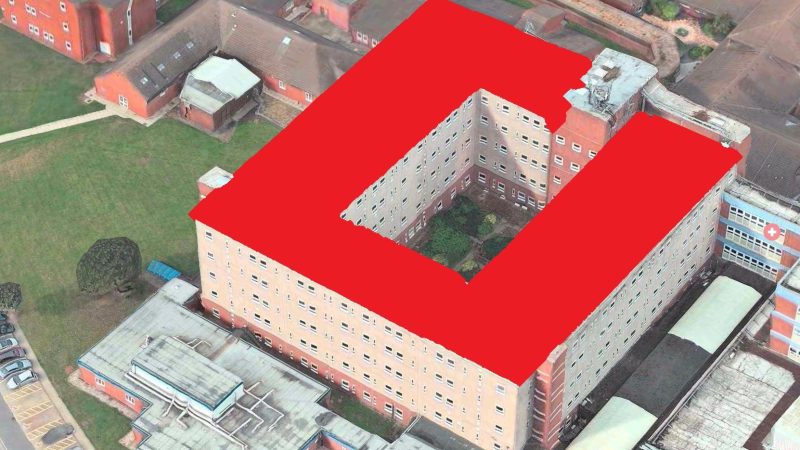A birds eye view of Hartlepool Hospital. A section of the roof is highlighted.