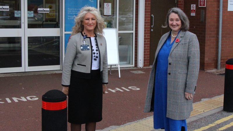 Chief executive Julie Gillon stands with Jill Mortimer outside the University Hospital of Hartlepool.