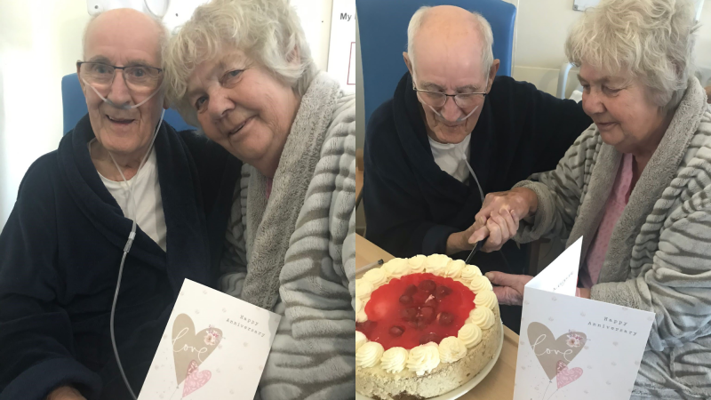 Two photos. One shows Brian and Margaret holding a 'happy anniversary' card. The other shows them cutting a cake together.