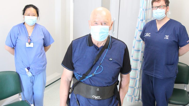 Patient Alan Frost with Dr Jacob and Dorisa Machan. Alan wears the wireless recorder.