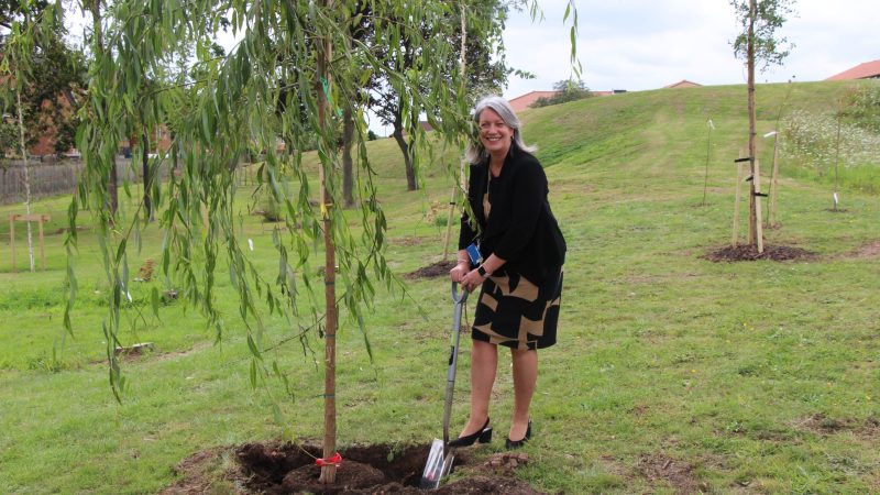 Barbara Bright planting a tree.